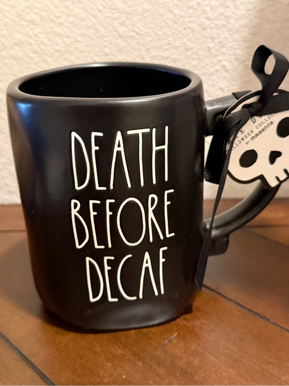 Rae Dunn MATTE Black Ceramic Mug 'Death Before Decaf' - Rustic Gothic- NWT